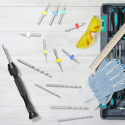 Pro Grade 59 Piece Hand Drill Bits Set With Pin Vise And Micro Twist Bits Plus 10 Tungsten Carbide PCB Rotary Bits on workbench