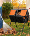 Two Chamber 45 Gallon Compost Tumbler With 360 Degree Rotation Large Outdoor Bin in use for yard waste composting