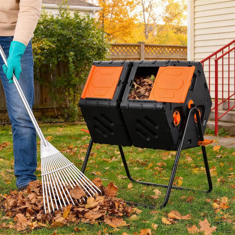 Two Chamber 45 Gallon Compost Tumbler With 360 Degree Rotation Large Outdoor Bin in use for yard waste composting
