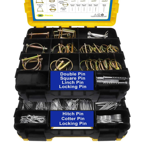 367 Piece Heavy Duty Hitch Pin Kit with R Clips Hair Pins Lynch Pins PTO Pins for trucks, trailers, and farm equipment in organizer box