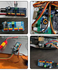 Collage of 16 Channel 12 Bit PWM Servo Motor Driver Board With I2C Interface setups for Arduino and Raspberry Pi Zero Series projects.