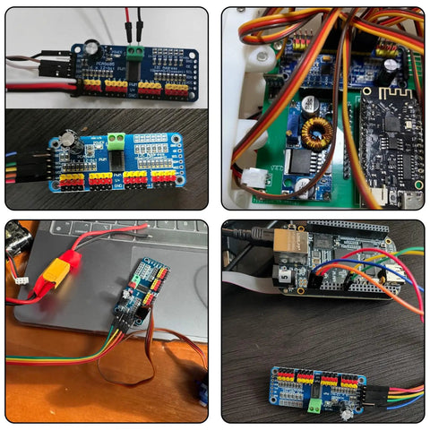 Collage of 16 Channel 12 Bit PWM Servo Motor Driver Board With I2C Interface setups for Arduino and Raspberry Pi Zero Series projects.