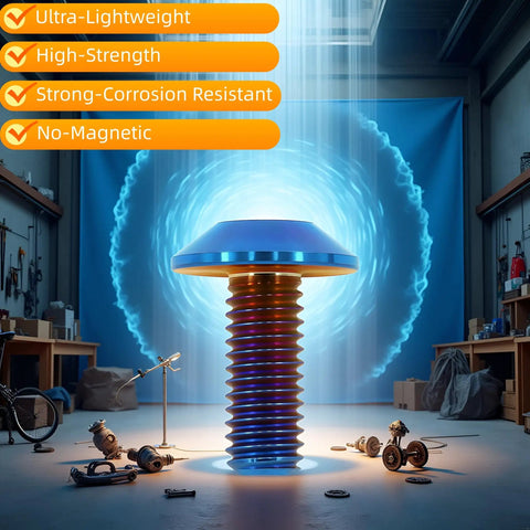 Badass Lightweight Titanium Bolts M6x15 Umbrella Head Star Drive Burnt Blue displayed in workshop, showcasing its unique design and features.