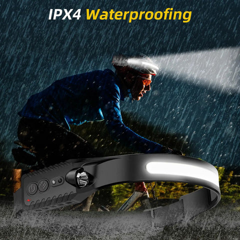 Cyclist using Rechargeable LED Headlamp With 230 Degree Wide COB Beam For Ultra Wide Night Vision And All Hands Free Lighting, Five Modes With Motion Sensor, Type C USB Charging in rain