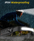 Cyclist wearing 3 Pack Rechargeable LED Headlamps With 230 Degree Wide COB Light 5 Modes Motion Sensor Type C USB Charging Lightweight Headlamps For Night Running And Outdoor Adventures in rain, highlighting waterproof feature.