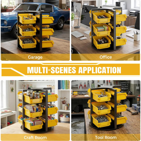 Rotating Hardware Storage Bins With 12 Compartments For Nuts, Bolts, Screws And Small Parts in various room settings