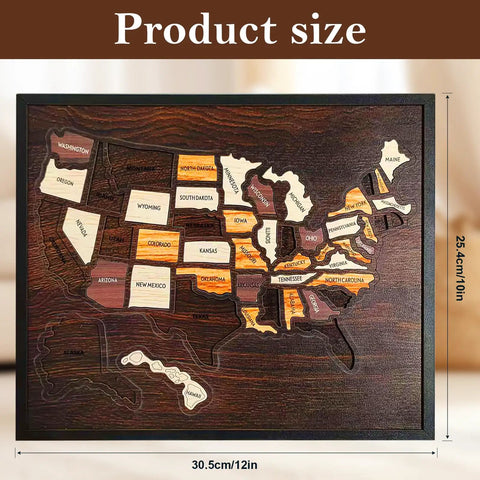 USA Travel Map Puzzle With 50 Removable State Pieces, Double Layer Engraved Wood Wall Art, 12x10 Inch product size view