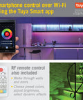 RGB Plus White WiFi LED Controller For Smart Home Lighting With Tuya App and RF remote in illuminated room setup