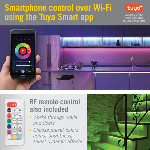 RGB Plus White WiFi LED Controller For Smart Home Lighting With Tuya App and RF remote in illuminated room setup