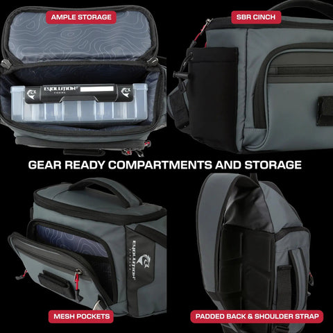Largemouth 3.0 Fishing Sling Pack Gray With 3600 Quiklatch Tackle Trays, plier holster, padded back and ample storage compartments.