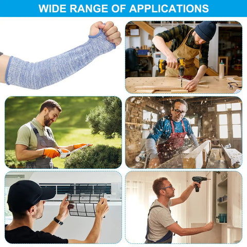 Level 5 Cut Resistant Arm Sleeves With Thumb Hole, Tough As Nails HPPE Forearm Guards for kitchen and workshop shown in various applications.