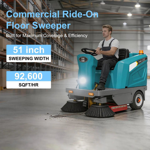 Grab this Badass 51 Inch Industrial Ride On Floor Sweeper Machine For Warehouses. Smooth Handling With Solid Tires And Hydraulic Brakes. Kick Axxe Dust and Debris To The Curb. Heavy Duty Powerhouse. Clean Floors Fast Without The Grunt Work. Essential