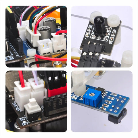 Close-up of electronic components in 2WD Arduino Robotic Car Starter Kit For Beginners And Adults Hands On Smart Educational Robotics Set