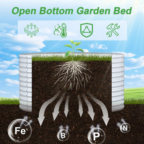 Two Pack Round Galvanized Raised Garden Bed For Outdoor Use, 3 By 3 By 3 Feet, Metal Planter Box cross-section with open bottom for roots