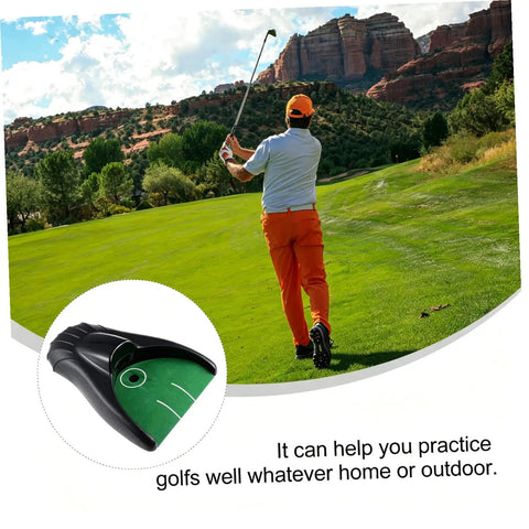 Person golfing outdoors with insert of Indoor Golf Practice Aid With Automatic Ball Return System No Battery Needed