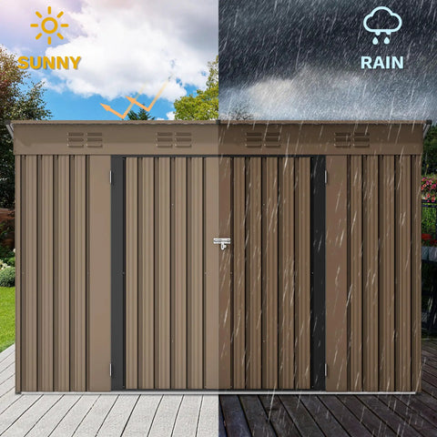 9x4ft Large Outdoor Storage Shed Metal Tool Shed For Backyard Patio Lawn with Lockable Doors and Air Vent, weather-resistant brown shed