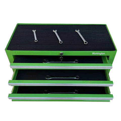 Beefy Three Drawer Portable Metal Tool Chest Built Heavy Duty With Ball Bearing Slides And Central Cam Lock 26 Inch Middle Cabinet Steel Tool Storage Box Organizer In Green