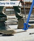 Heavy Duty Manual Rebar Bender Tool For Steel Rods Portable Hand Cranked Bending Machine Carbon Steel Construction Compact Design Up To 5/8 Inch Diameter Easy Grip Handles being used on a job site.