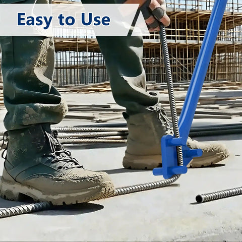 Heavy Duty Manual Rebar Bender Tool For Steel Rods Portable Hand Cranked Bending Machine Carbon Steel Construction Compact Design Up To 5/8 Inch Diameter Easy Grip Handles being used on a job site.