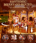 Wooden 3D Puzzle Carousel Music Box Kit with lights featuring zebra, white horse, antelope, and elk, intricate craftsmanship