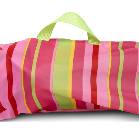 Storage bag for Kid Sized Butterfly Back Folding Chair With Built In Cup Holder In Armrest, pink and green striped design