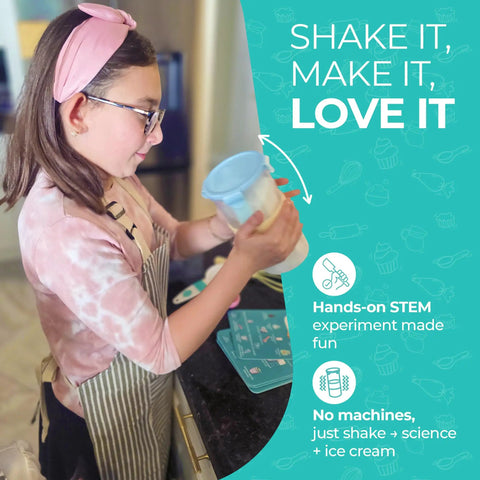 Child using Kids Ice Cream Science Kit For Real Homemade Ice Cream With Reusable Tools And Visual Recipes, STEM gift set.
