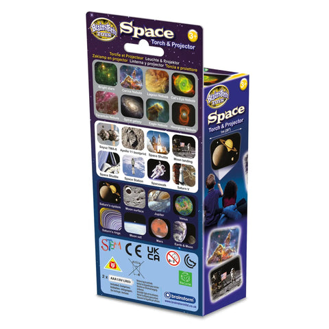 Space Torch And Projector For Kids, Project 24 NASA And Hubble Space Images Up To One Meter Wide, Dual Function LED Torch, STEM Toy For Ages 3 And Up, Easy Focus Lens For Sharp Wall And Ceiling Projections. Box front and side view, 3+ age.