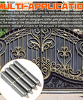 Heavy Duty Weld On Bullet Barrel Hinges 4 Inch Set Of 10 Carbon Steel Weldable Hinges For Swing Doors Trailers And Ramps Bullet Style Hinges With Easy Install And Beefy Outdoor Performance shown in front of an ornate gate.