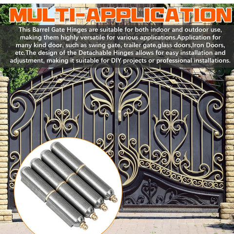 Heavy Duty Weld On Bullet Barrel Hinges 4 Inch Set Of 10 Carbon Steel Weldable Hinges For Swing Doors Trailers And Ramps Bullet Style Hinges With Easy Install And Beefy Outdoor Performance shown in front of an ornate gate.