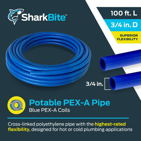 Three Quarters Inch Blue PEX A Flexible Water Tubing For Plumbing, Easy Install And Longer Runs With Fewer Fittings, Coiled Pipe