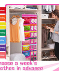 Woman using Two Pack Kids Week Clothes Organizer 59.5 By 18 Inch Hanging Closet Organizer with rainbow labeled pockets.