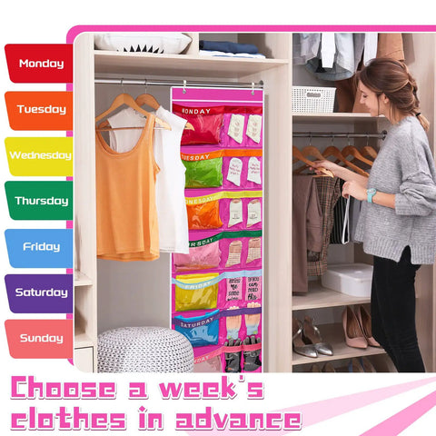 Woman using Two Pack Kids Week Clothes Organizer 59.5 By 18 Inch Hanging Closet Organizer with rainbow labeled pockets.