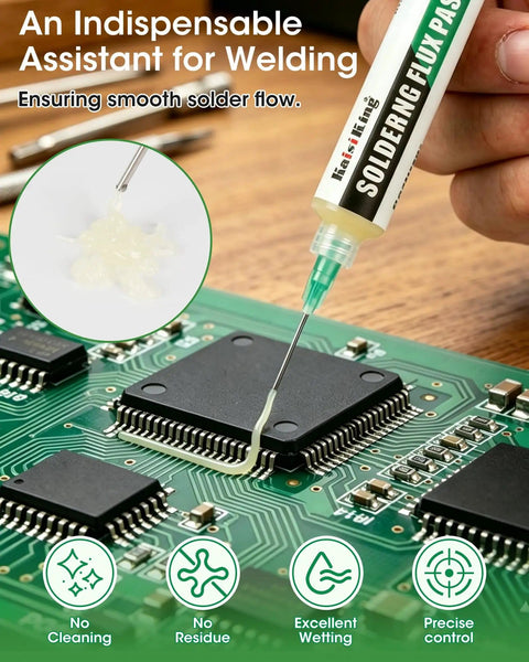 Applying No Clean Solder Flux Paste on PCB for Electronics Soldering with focus on smooth solder flow and precision control.
