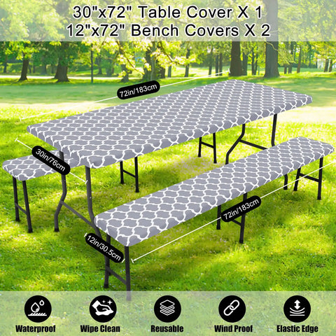 Waterproof Elastic Fitted Picnic Table Cover And Bench Covers Set For 72 Inch Tables And 12 Inch Benches, displayed outdoors
