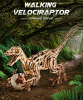 3D Velociraptor Wooden Puzzle Kit For Adults And Teens With 106 Pieces Realistic Gear Transmission System For Dynamic Two Legged Dino Build Epic Gift For Puzzle Lovers And Dinosaur Fans. wooden velociraptor model with egg in forest