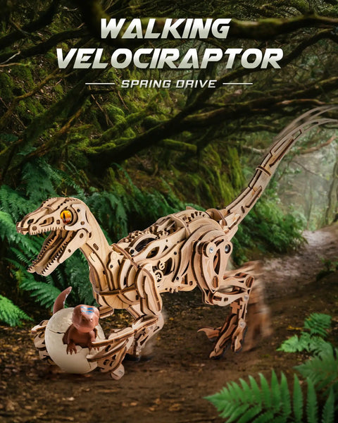 3D Velociraptor Wooden Puzzle Kit For Adults And Teens With 106 Pieces Realistic Gear Transmission System For Dynamic Two Legged Dino Build Epic Gift For Puzzle Lovers And Dinosaur Fans. wooden velociraptor model with egg in forest