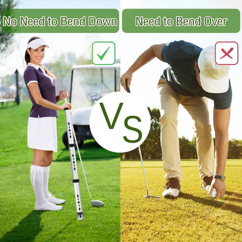 Woman using 40 Inch Golf Ball Retriever With Storage Bag And Detachable Picker Upper Tube vs man bending to pick golf ball