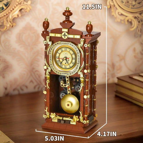 Retro Clock Building Kit For Adults With Rotating Gears And Old School Vibe Pendulum For Home Decor in wood and cream.