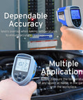 Non Contact Infrared Thermometer With Dual Laser For Objects, Adjustable Emissivity, 12 To 1 Distance To Spot, Measures -50C To 550C (58F To 1022F), Standard Size, Blue And Gray, Not For Human Use, Quick Read For Home DIY Or Shop, in hand near engine