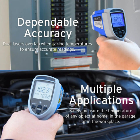 Non Contact Infrared Thermometer With Dual Laser For Objects, Adjustable Emissivity, 12 To 1 Distance To Spot, Measures -50C To 550C (58F To 1022F), Standard Size, Blue And Gray, Not For Human Use, Quick Read For Home DIY Or Shop, in hand near engine