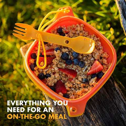 4 Piece Camping Mess Kit With Plate And Bowl, 3 In 1 Spork Utensil, And Tether, Compact Backpacking Kitchen Gear with granola meal