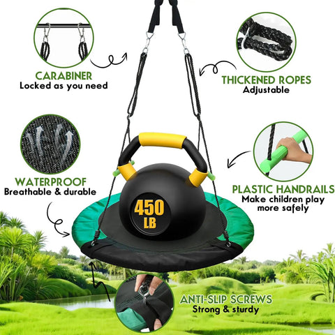 Spacious 48 Inch Saucer Swing For Backyards And Trees The Ultimate Backyard Hangout with sturdy steel frame and thick foam cover.