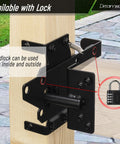 Heavy Duty Built To Last Self Closing Gate Hinge And Self Locking Latch Hardware Kit For Wooden And Vinyl Fences Stainless Steel 90 Degree Adjustable Hinges With Post Mount Automatic Gate Lock Black Finish 1 Pack showing installation on wooden post with padlock