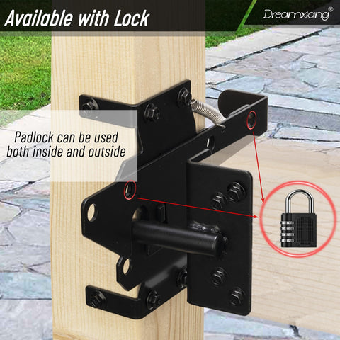 Heavy Duty Built To Last Self Closing Gate Hinge And Self Locking Latch Hardware Kit For Wooden And Vinyl Fences Stainless Steel 90 Degree Adjustable Hinges With Post Mount Automatic Gate Lock Black Finish 1 Pack showing installation on wooden post with padlock