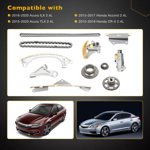 Engine Timing Chain Kit For 2015 2020 Acura TLX ILX Honda Accord CR-V 2.4L with components and compatible cars.
