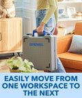 Badass Portable 12V Cordless Circular Saw Station features a compact carrying case for easy transport between job sites.