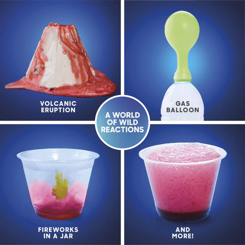66 Action Packed Science Experiments STEM Lab For Kids with volcano mold, gas balloon, fireworks in a jar, and slime reactions.