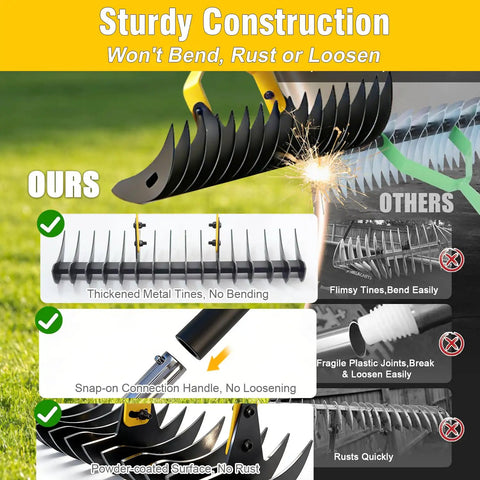 Durable 2 In 1 Lawn Dethatcher Rake With Dual Side Tines, Heavy Duty 15 Inch Rake, showing metal tines and handle connection