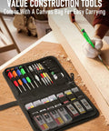 Pro Grade Carpenter Drawing Kit With Straight Up Solid Lead Pencils And Mechanical Refills, Sharpener, Carbide Scribe, Mini Level, Center Punch, Canvas Bag For Crew Leaders And Tradesmen. Multi-tool kit with tools and supplies in a black canvas bag.