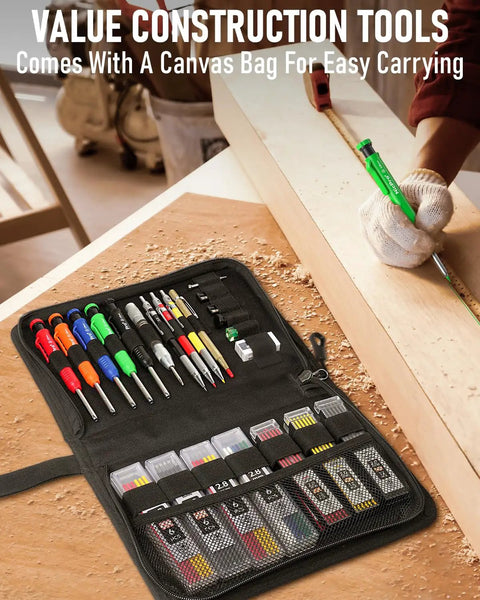 Pro Grade Carpenter Drawing Kit With Straight Up Solid Lead Pencils And Mechanical Refills, Sharpener, Carbide Scribe, Mini Level, Center Punch, Canvas Bag For Crew Leaders And Tradesmen. Multi-tool kit with tools and supplies in a black canvas bag.